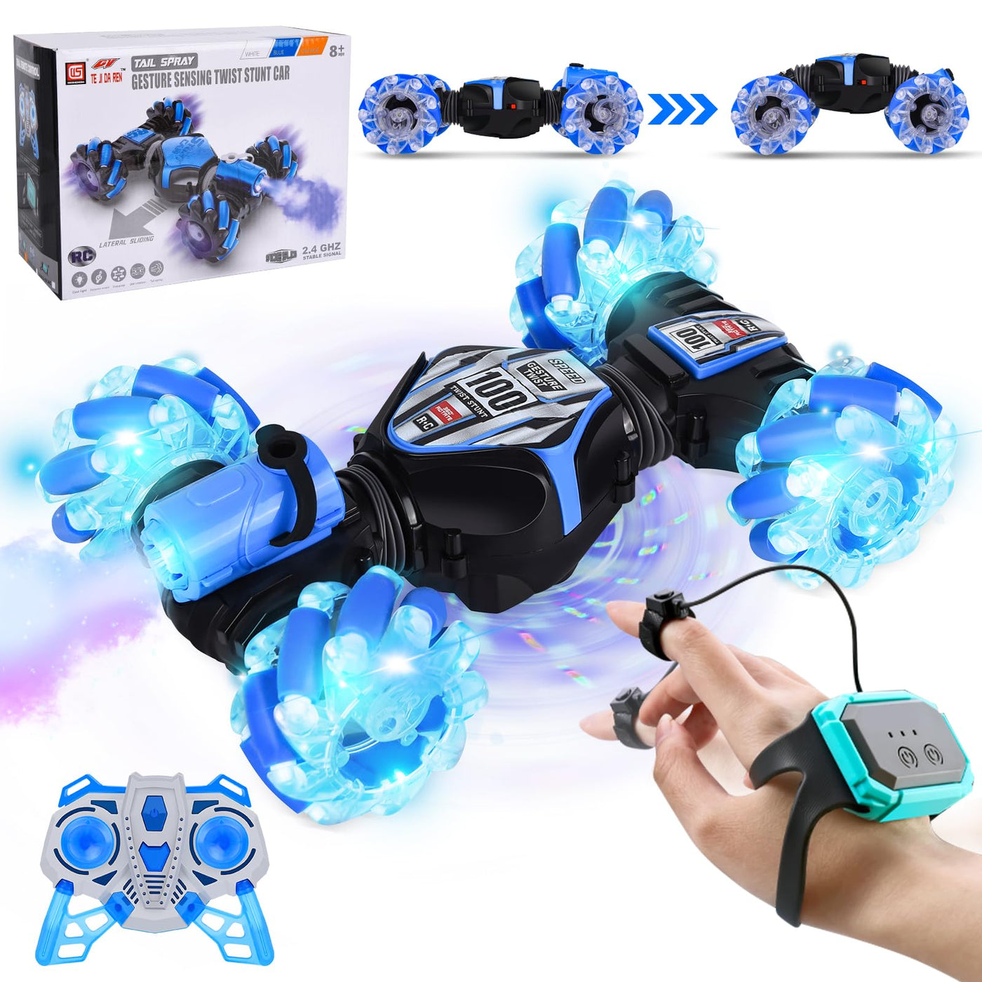 Herenear Ferngesteuertes Auto mit Handsteuerung, 4WD 2.4GHz RC Stunt Car mit Licht und Sprühen, 360° Drehung Crawler Fahrzeug, Doppelseitige Rotierende Off Road RC Twist Car für Kinder (Blau)