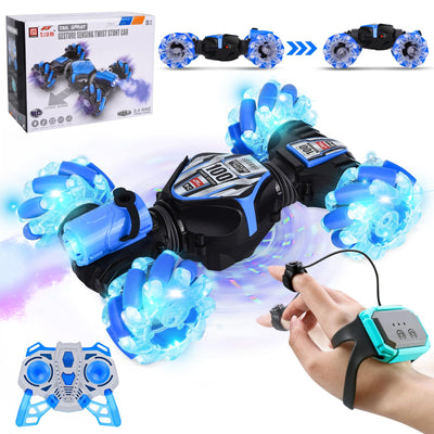 Herenear Ferngesteuertes Auto mit Handsteuerung, 4WD 2.4GHz RC Stunt Car mit Licht und Sprühen, 360° Drehung Crawler Fahrzeug, Doppelseitige Rotierende Off Road RC Twist Car für Kinder (Blau)