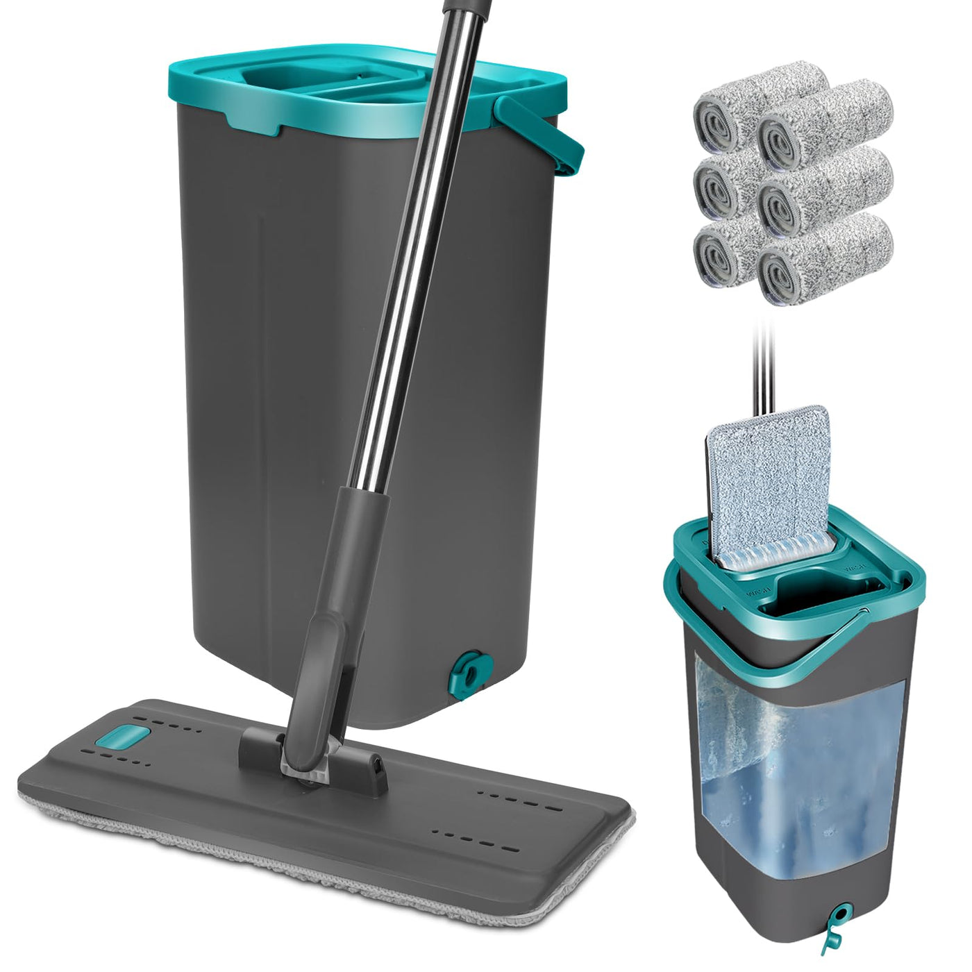 Masthome Wischmopp Set mit Eimer, Putzeimer mit Wischmop mit 6 Wischpads,Bodenwischer mit Auswringfunktion,Flachmopp und Putzeimer Set für Bodenreinigung Hartholz, Fliesen, Laminat - Grau+Blau