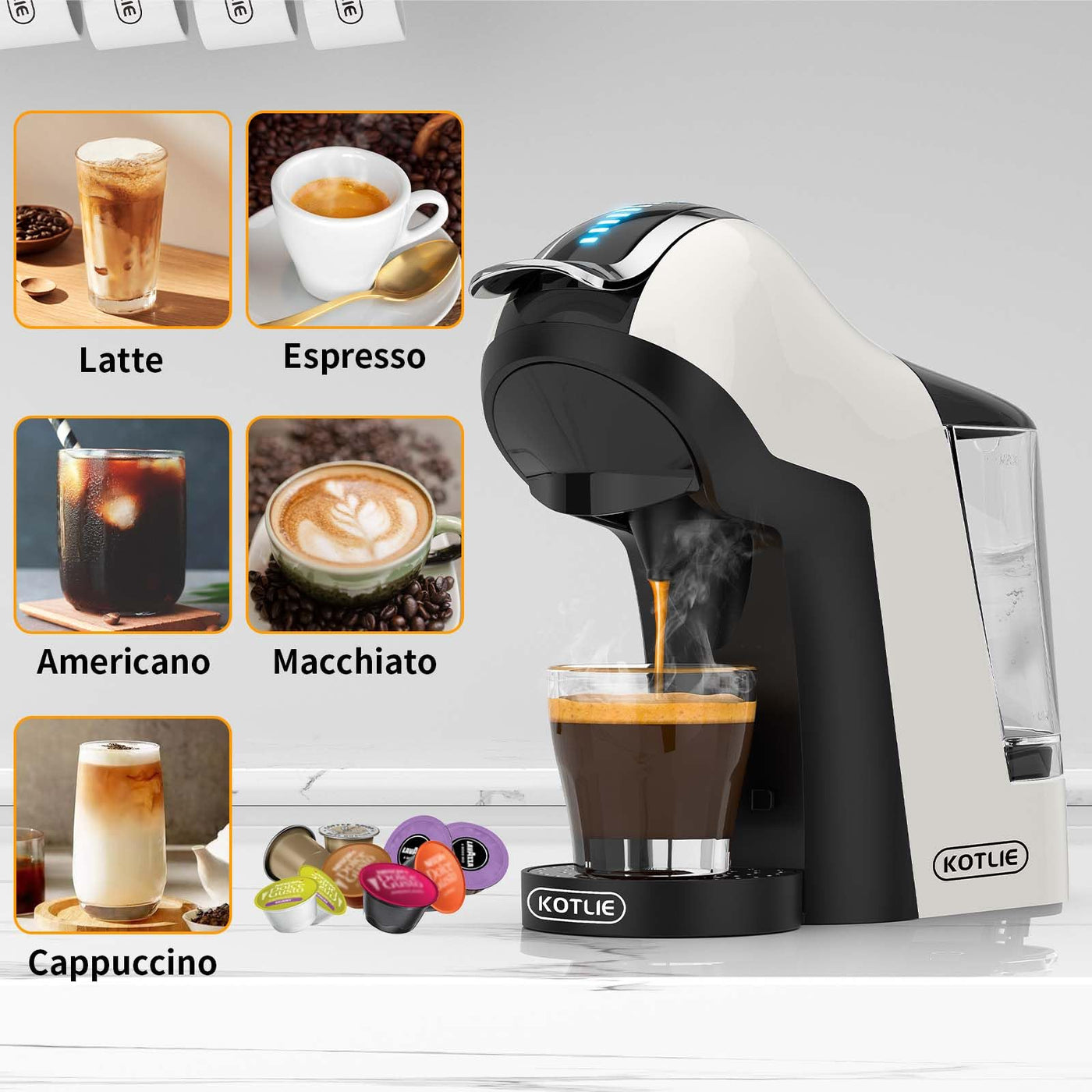 KOTLIE EM-308A 5 IN 1 COFFEE MACHINE 19 Bar 5in1 Multicapsule Espresso Kaffeemaschine für Nespresso/Dolce Gusto (weiß-u)