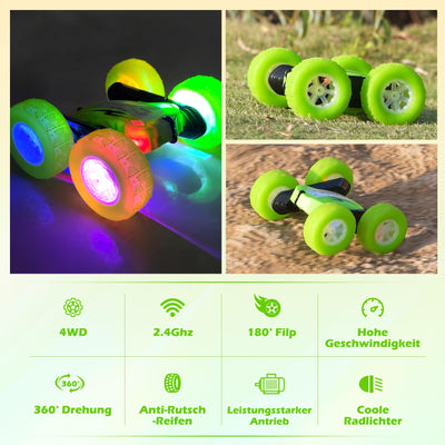 Rodzon Ferngesteuertes Auto 3 4 5 6 7 8 9 Jahre Spiele LED Blinken RC Auto Spielzeug Jungen Mädchen Geschenke Kinder Toy 2.4Ghz 4WD 360° Flipper Drift RC Car mit 2 Aufladbarer Batterien (Grün)