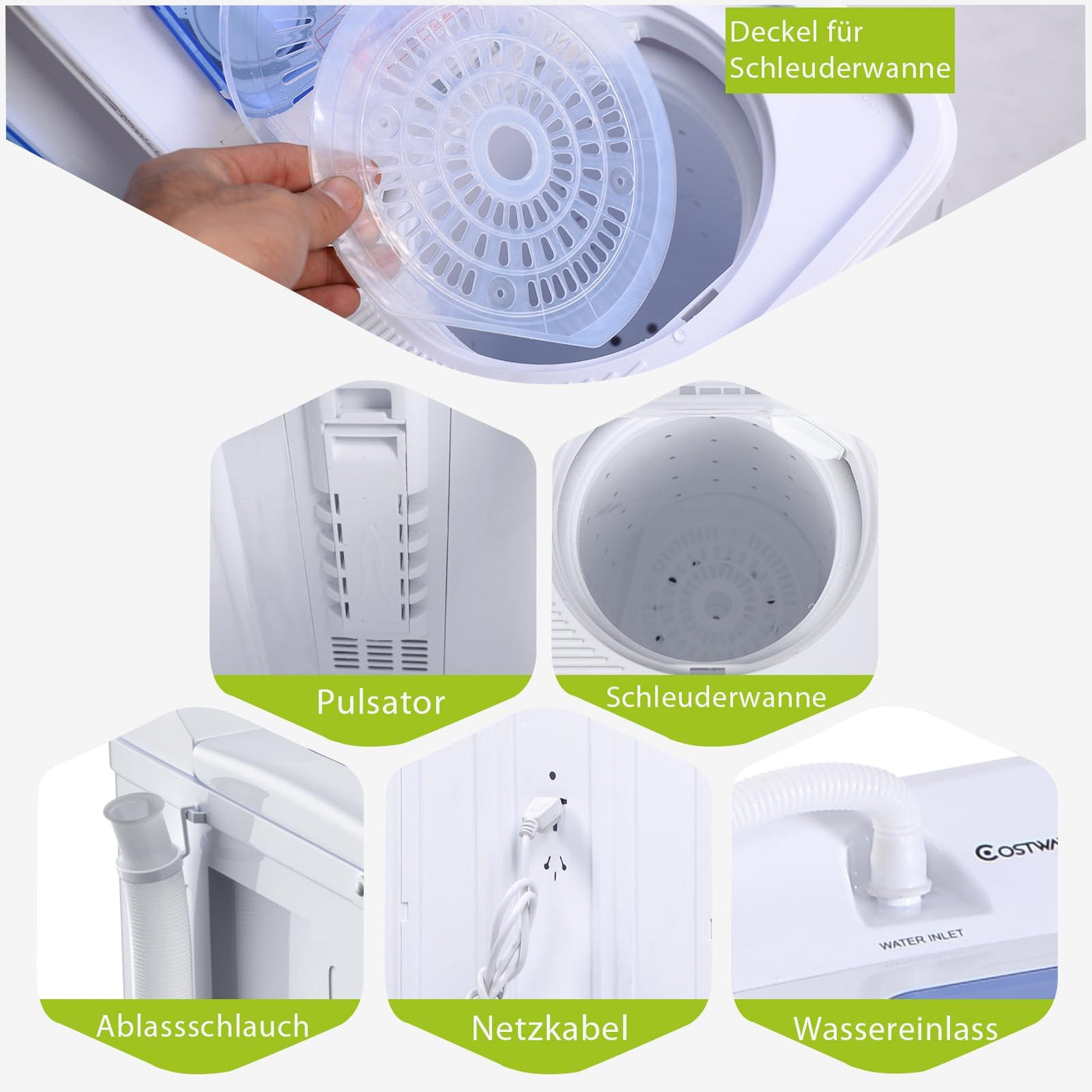 RELAX4LIFE Mini Waschmaschine mit Schleuder, 5KG Waschkapazität+3KG Schleuderkapazität, Waschautomat mit 2 Kammern & Timer, Camping Waschmaschine für Wohnwagen Kleine Wohnräume