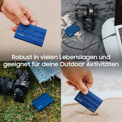 Samsung Portable SSD T7 Shield, 1 TB, USB 3.2 Gen.2, 1.050 MB/s Lesen, 1.000 MB/s Schreiben, Robuste externe Festplatte Outdoor für Mac, PC und Smartphone, Blau, MU-PE1T0R/EU