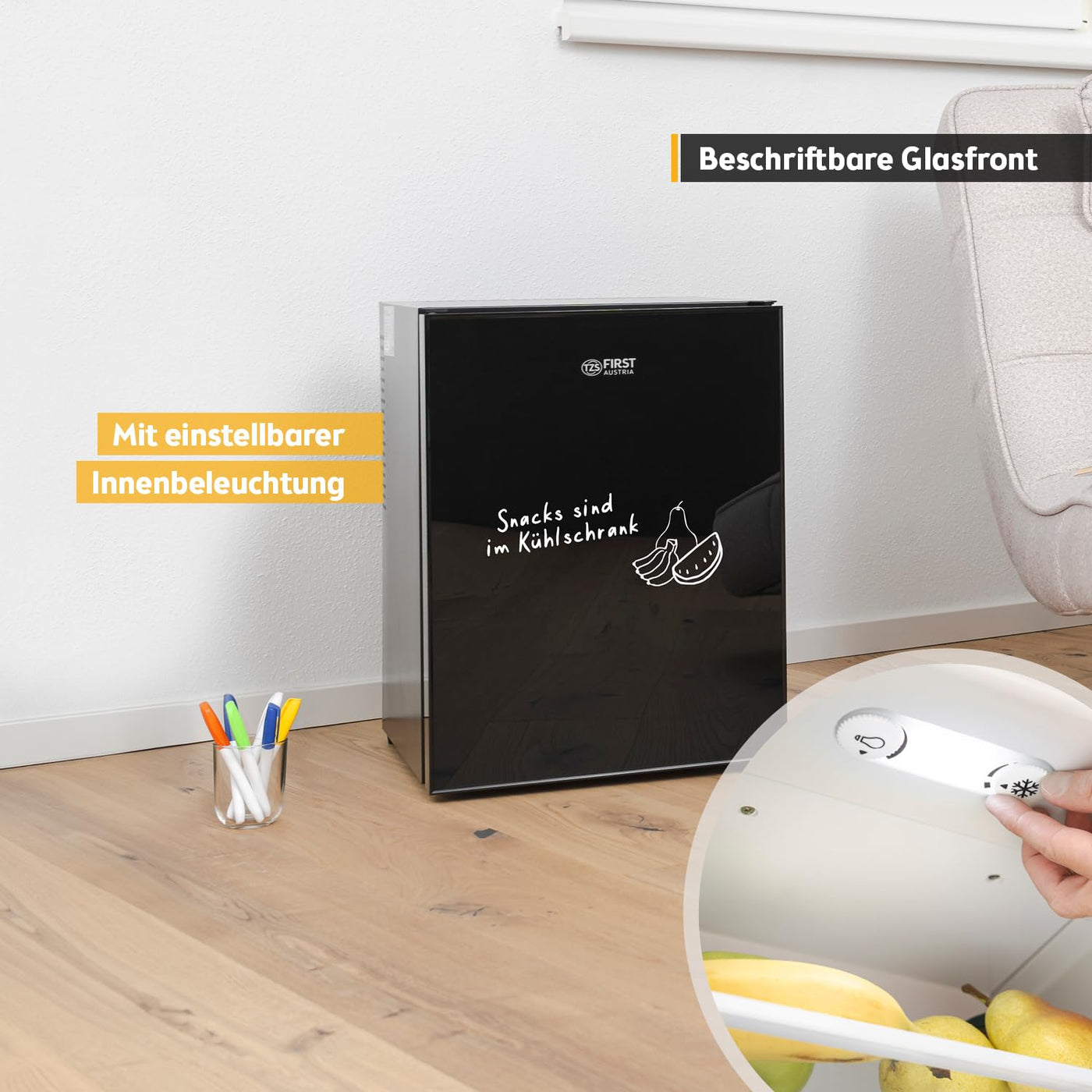 TZS First Austria lautloser Minikühlschrank | Getränkekühlschrank | Minibar | Wechselbarer Türanschlag | LED-Licht | ohne Gefrierfach | Glasdesign | 40L