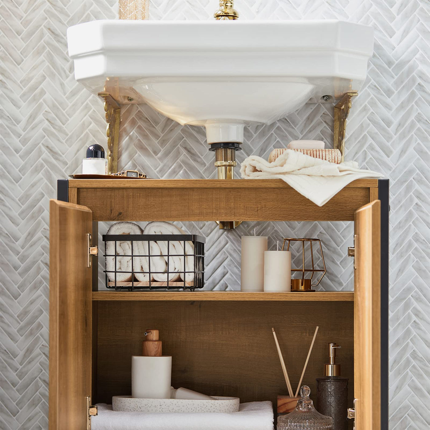 SoBuy BZR63-PF Waschbeckenunterschrank Badschrank Waschtisch Unterschrank Badmöbel Vintage BHT ca: 60x60x30cm