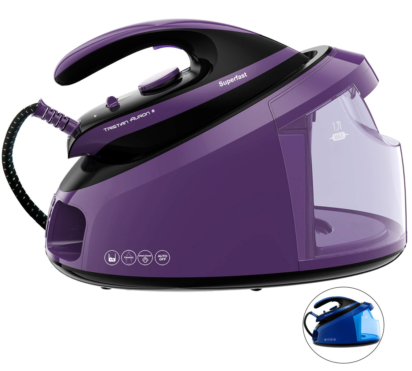 Tristan Auron Superfast Dampfbügelstation - 6.5 bar Dampfdruck I 2800 W, variabler Dampf, 420g/Min. Dampfstoß I 1,7L Wassertank – Abschaltautomatik (Superfast - Lila)