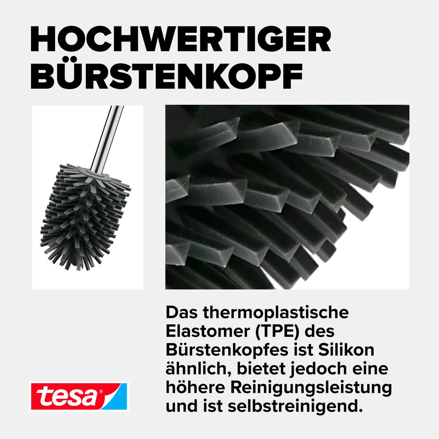 tesa Silikon-WC-Bürste - hygienische Ersatz-Toilettenbürste zur Verwendung in Allen tesa WC-Bürstengarnituren - Griff aus verchromtem Metall - Dunkelgrau - 37,4 x 7,1 x 7,4 cm