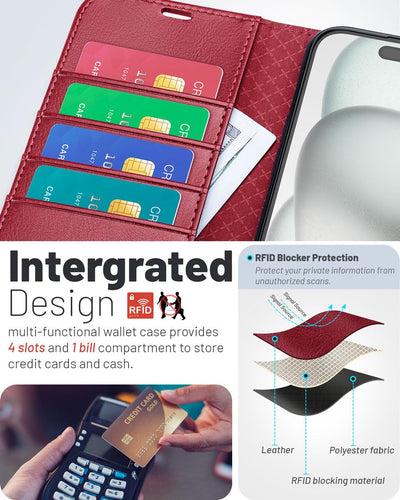 OCASE iPhone 16 Pro Max Hülle Handyhülle Premium PU Leder, Kartenfach Standfunktion, RFID Rohutzhülle Klapphülle Handytasche Lederhülle Kompatibel für iPhone 16 Pro Max (6,9 Zoll) Rot