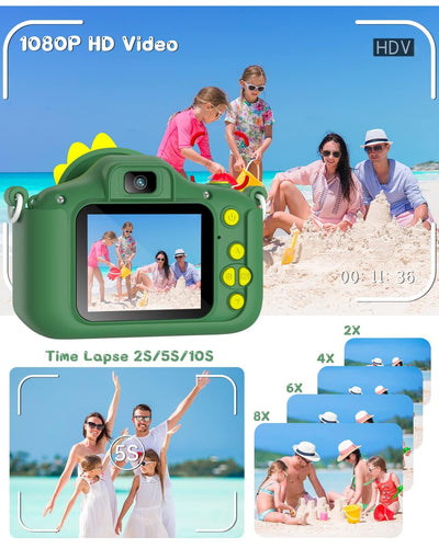 Kinderkamera, Gofunly Kinder Kamera 1080P 2,0-Zoll-Bildschirm Fotoapparat mit 32GB-Karte Selfie Digitalkamera Fotokamera für 3-12 Jahre Jungen und Mädchen Weihnachten Spielzeug - Grün Dinosaurier