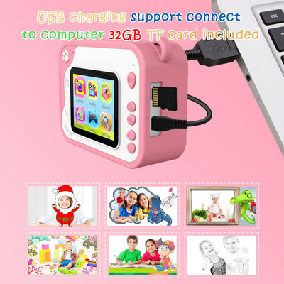 KinderKamera,DigitalKamera Sofortbildkamera Print 1080P 2.4 Zoll Bildschirm Videokamera Schwarzweiß Fotokamera mit 32GB Karte 3 Rollen Druckpapier 5 Farben Pinselstift Geschenk für Kinder 3-12 Jahren