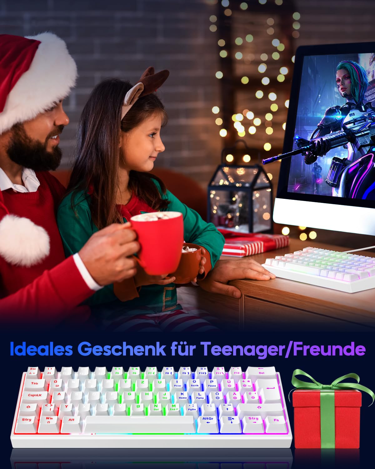 TECURS Gaming Tastatur, Mechanische Tastatur 60% TKL QWERTZ Blaue Schalter, Gamer Tastatur Kabelgebunden 61 Tasten für PC Windows/PS5/PS4, Weiß