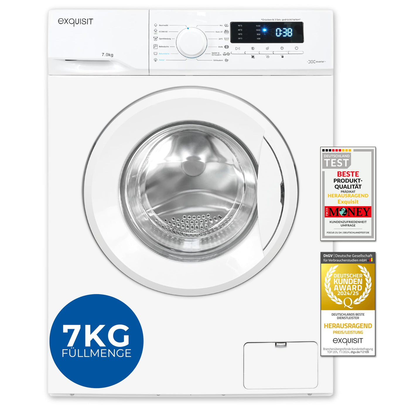 Exquisit Waschmaschine 7kg, Energieeffizienzklasse A, max. 1400 U/Min, Kurzprogramm, Mixprogramm, Startzeitvorwahl (3-24 Std.), Aquastop, 12 Waschprogramme, WA57014-020A weiss