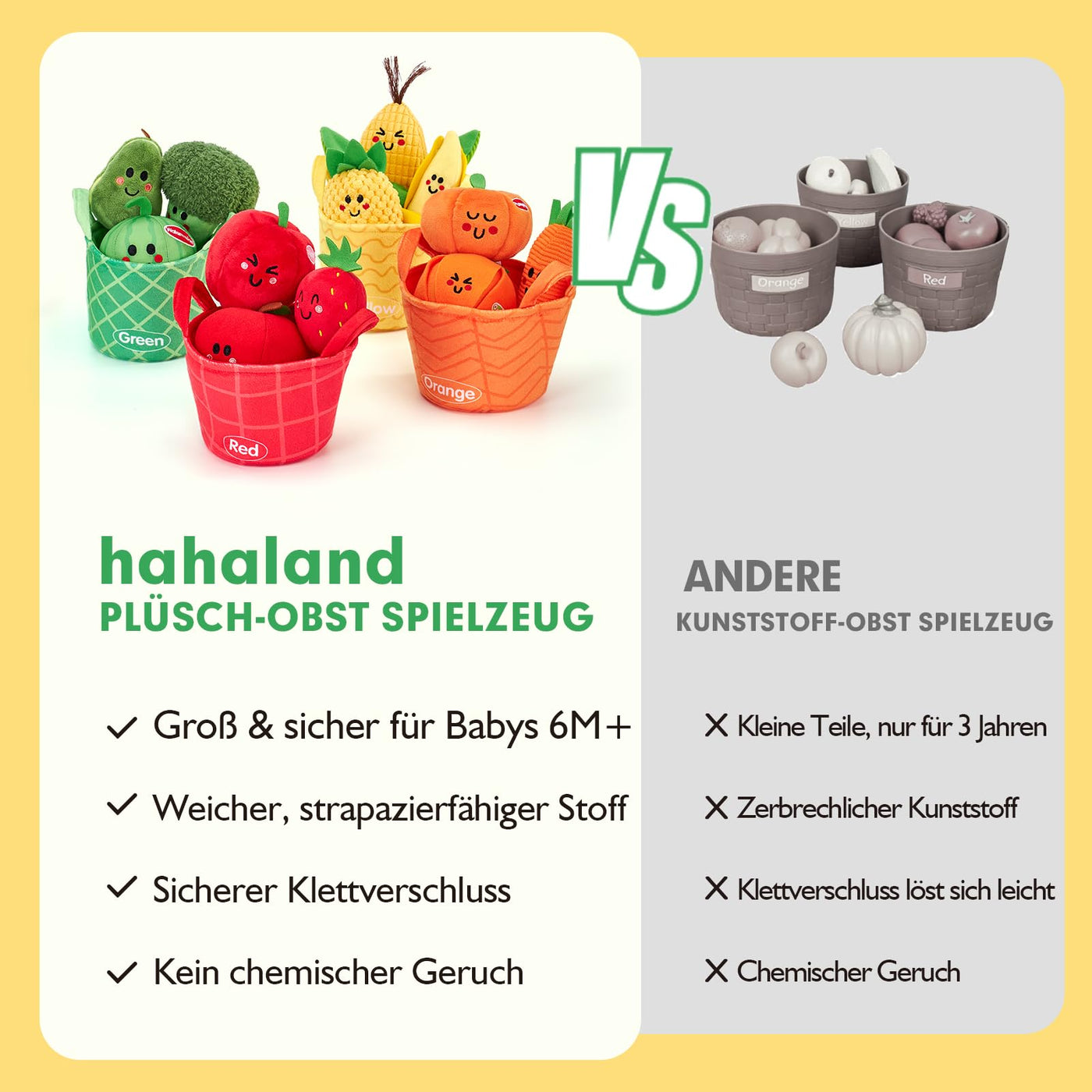 hahaland Baby Spielzeug 6 Monate,Obst und Gemüse Plüsch Spielzeug(16PCS) mit Rassel & Knisterpapier,Fördert Sensorik & Motorik,Montessori Spielzeug ab 6 8 9 12 Monate Geschenk für Jungen Mädchen