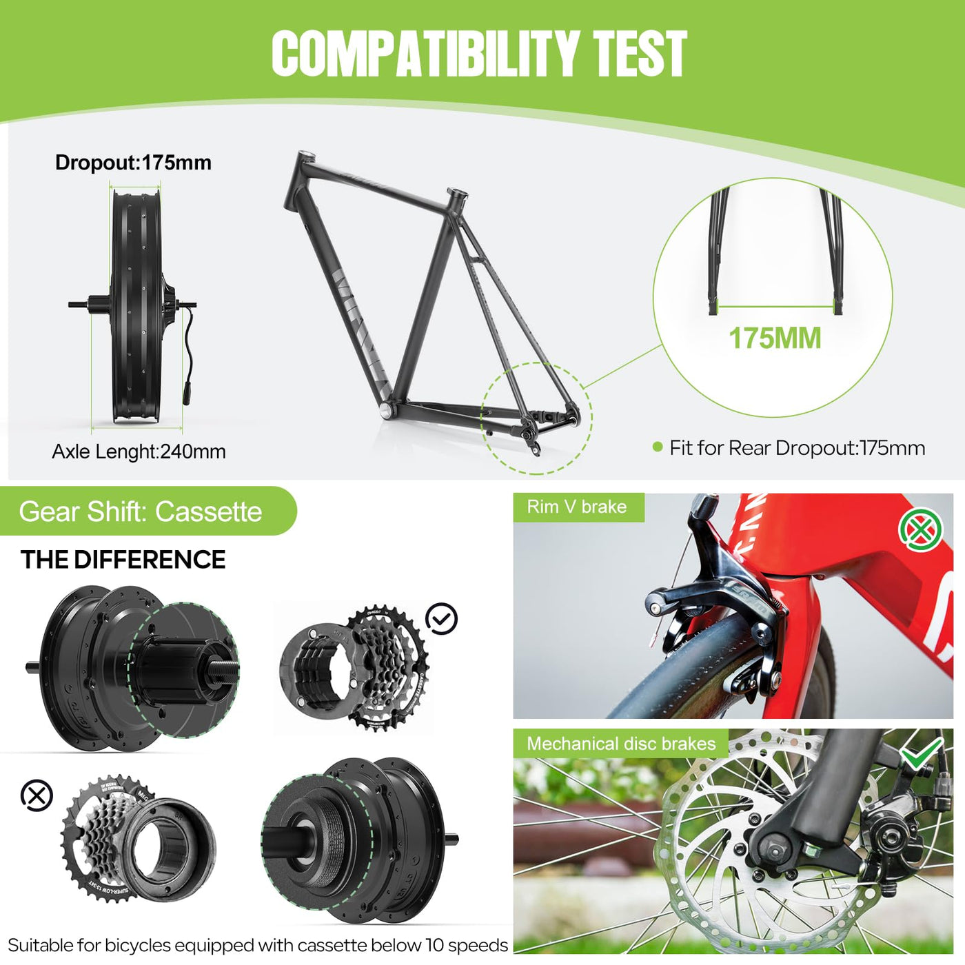 BAFANG G062 48V 1000W Hinterradmotor für 175 mm Tropfen, 20" 26" Fat Tire Elektro-Rad-Umsetzungs-Kit mit Akku (optional) und LCD-Anzeige (optional), Hinterrad hub Motor-Rad-Kit mit PAS-Sensor