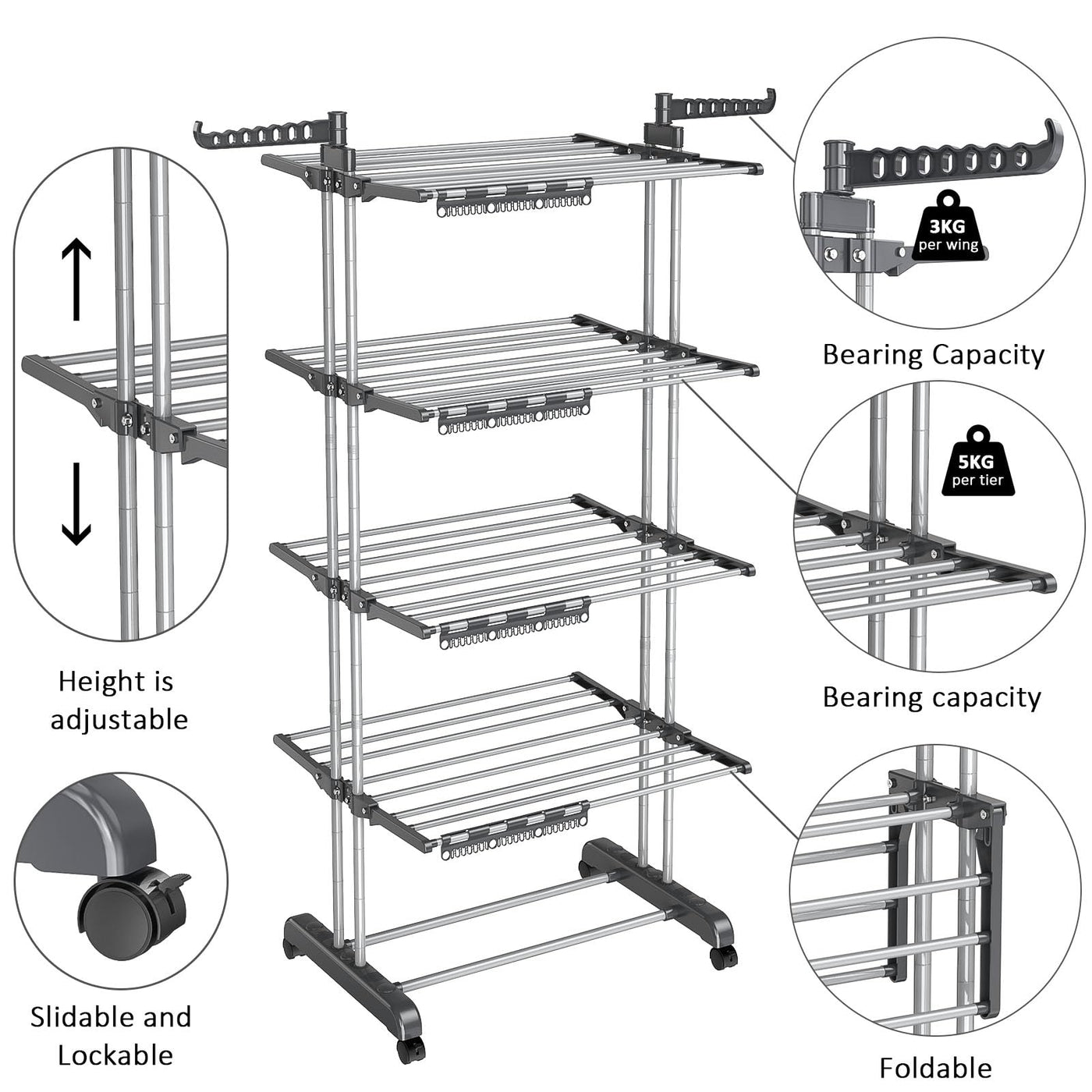 johgee 5 Ebenen Wäscheständer Wäschetrockner Turm mit Rollen, Höhenverstellbar klappbarer Waschestander mit 8 Klappbare Flügel und 4 Sockenklammern, Edelstahl Standtrockner Wäscheturm für Innen&Außen