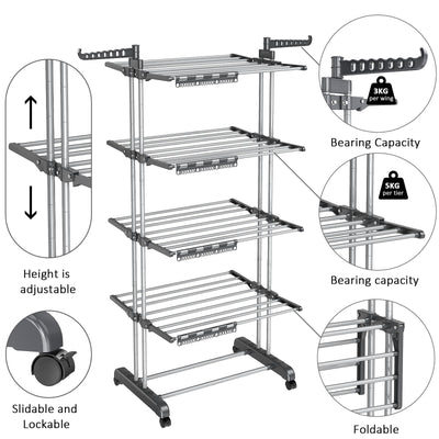johgee 5 Ebenen Wäscheständer Wäschetrockner Turm mit Rollen, Höhenverstellbar klappbarer Waschestander mit 8 Klappbare Flügel und 4 Sockenklammern, Edelstahl Standtrockner Wäscheturm für Innen&Außen