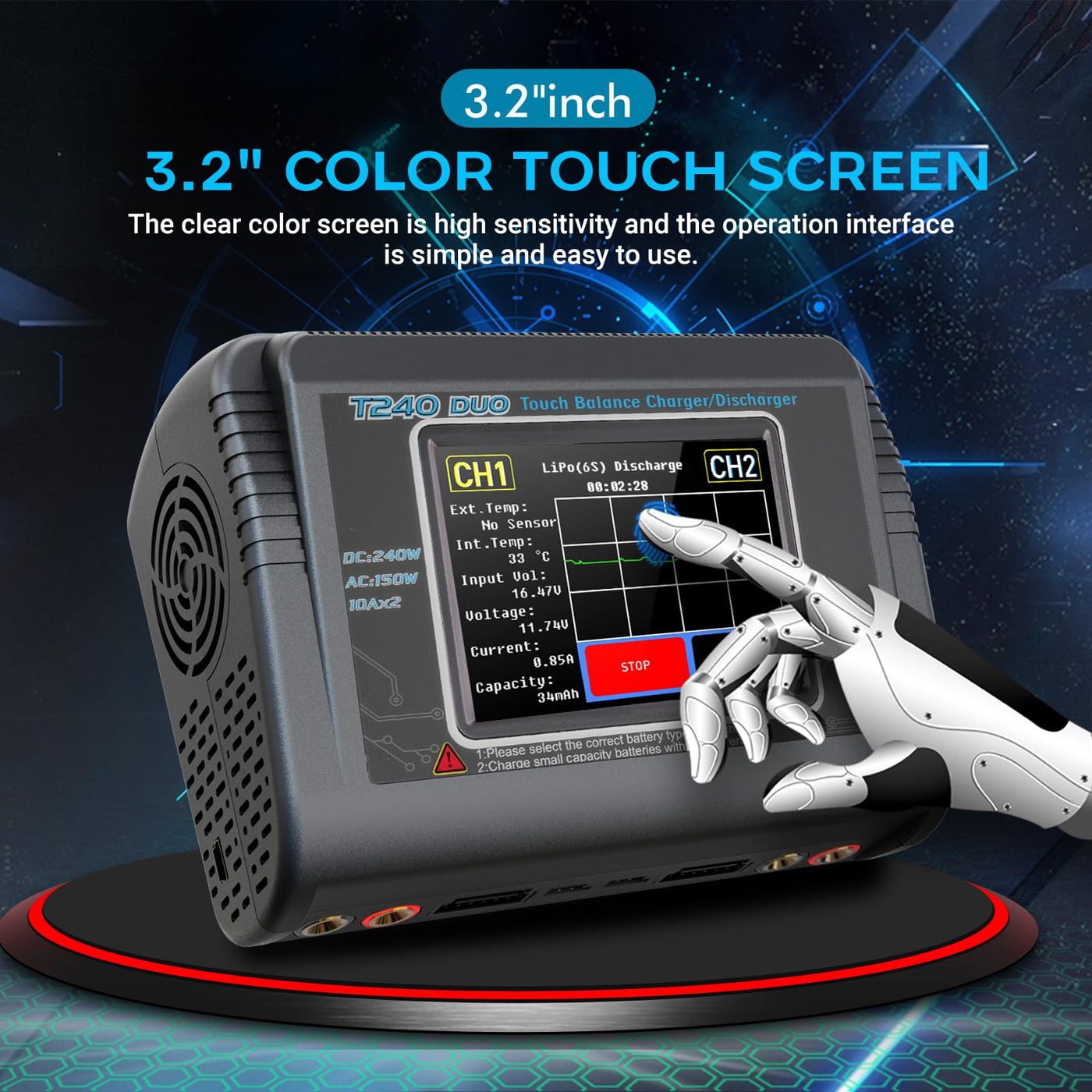 HTRC T240 Duo RC Balance Ladegerät/Entlader für Lilon LiPo Life LiHV NiCd NiMH PB Smart Batterie Dual-Multi-Ladegerät AC 150W / DC 240W 10A