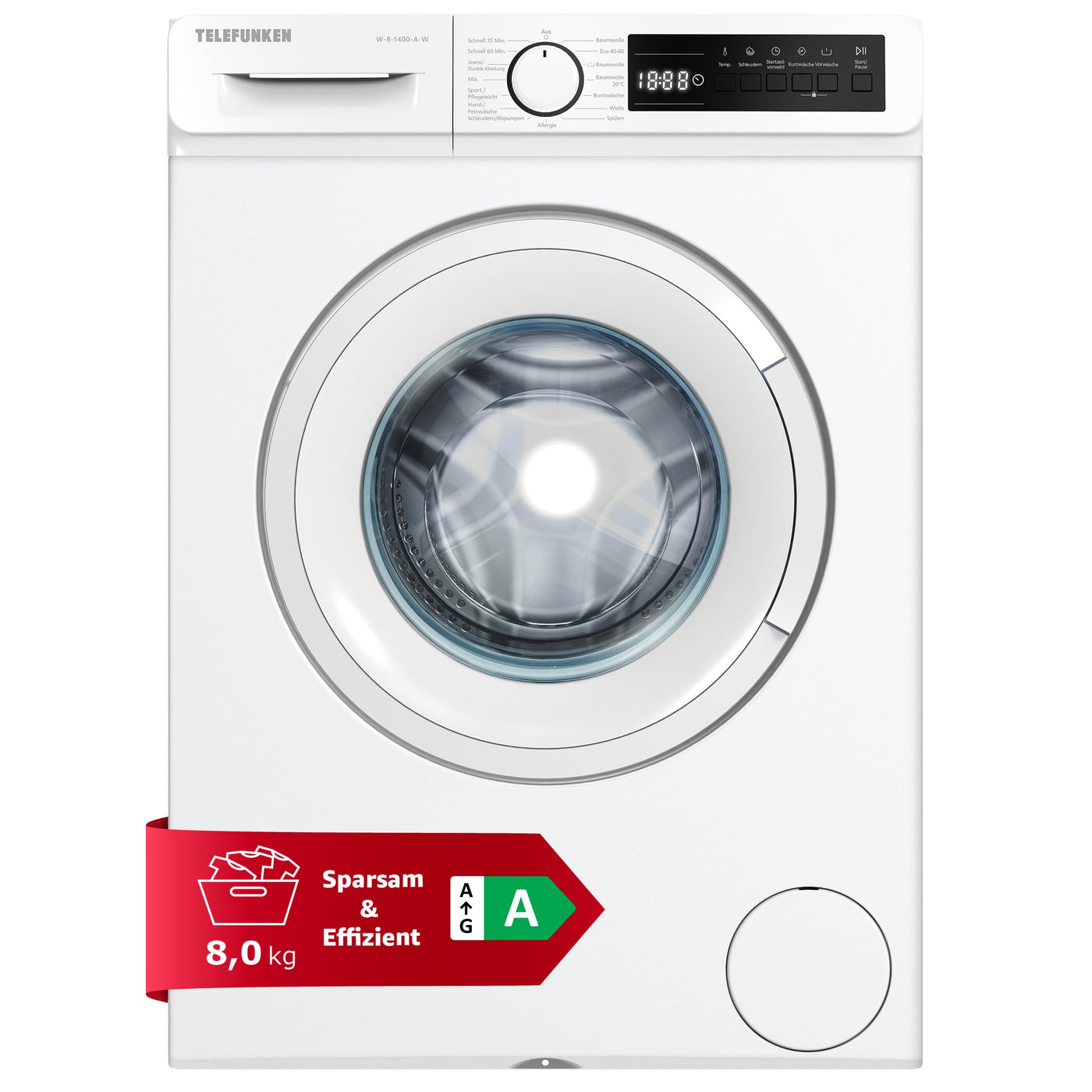 Telefunken Waschmaschine 8kg | 1400 U/Min. | Inverter Motor - Leise & Effizient | AquaStop - Schutz vor Wasserschäden | Schontrommel | Washing Machine mit 15 Programmen | EEK A | W-8-1400-A-W weiß