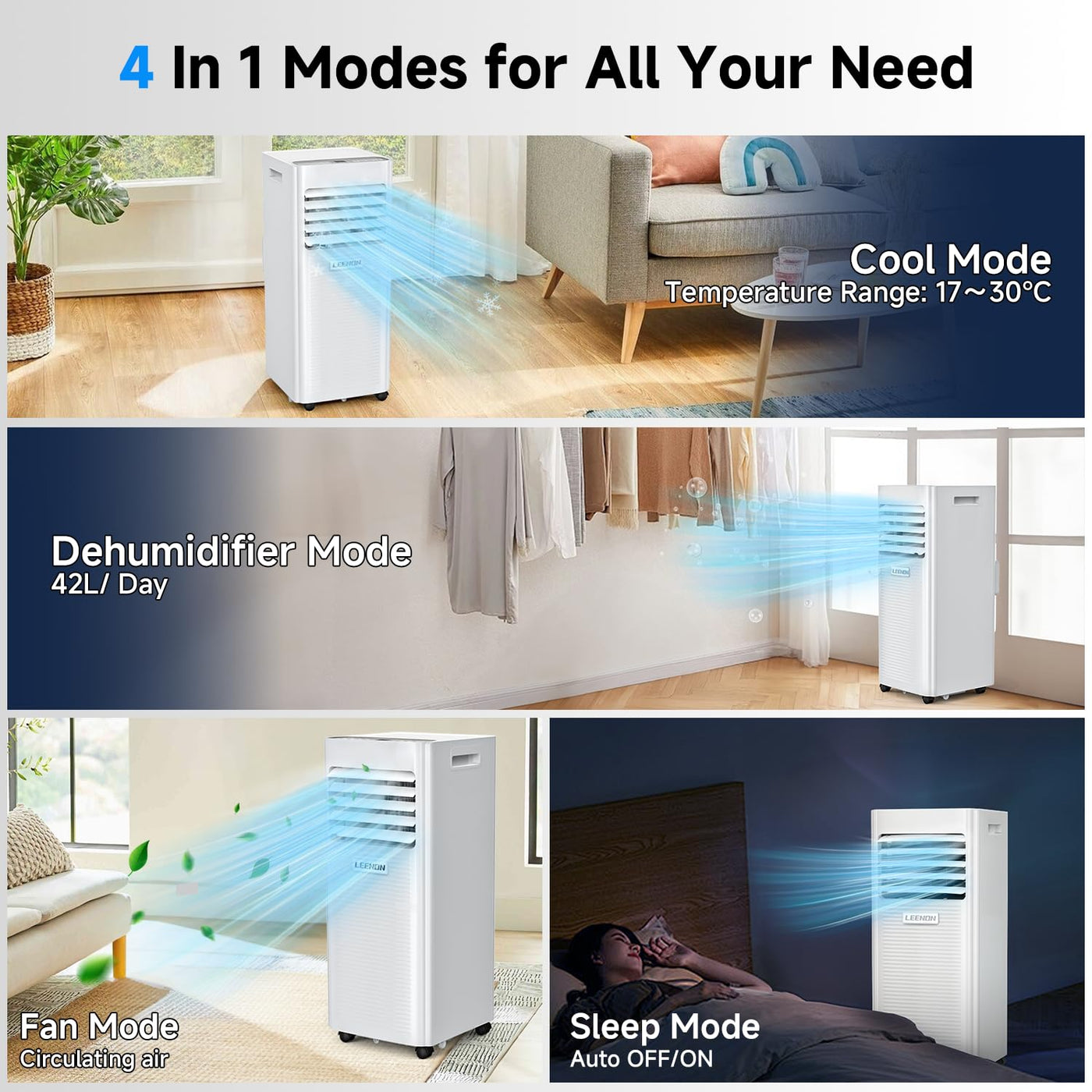 Klimaanlage Mobil 9000 BTU, LEENON Mobil Klimagerät 4 in 1 Kühlen Entfeuchten Ventilato& Schlafmodus, 2.6KW Mobile Klimaanlage mit Abluftschlauch, Fernbedienung/24h Time für Zuhause Bür bis zu 35 m²