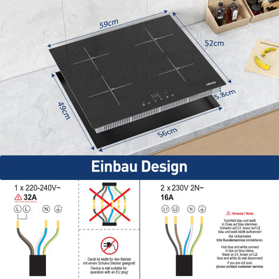 IsEasy 4 Zonen Einbau Induktionskochfeld mit 9 Leistungsstufen &1-99Min Timer, Boost-Funktion, Induktionskochplatte, Induktion Herdplatte mit 4 Platten, 60cm, 6800W, Schwarz