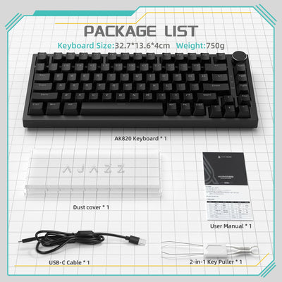 YINDIAO Ajazz AK820 Mechanische Tastatur mit Knopf,75% ANSI-Layout, 81 Tasten,Kabelgebundene Gaming-Tastatur,Verbesserte Dichtungsmontage,Roter Hot-Swap-Schalter,Eisweißes Licht,für PC,MAC (Schwarz)