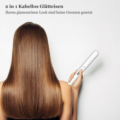 LOUIKAY Kabelloser Haarglätter 2 in 1 Lockenwickler, Mini Glätteisen Wiederaufladbares USB Glätteisen, Negative Ionen Mini Reiseglätter mit 3 Temperaturen 160/180/200℃ für kurzes & langes Haar (Weiß)