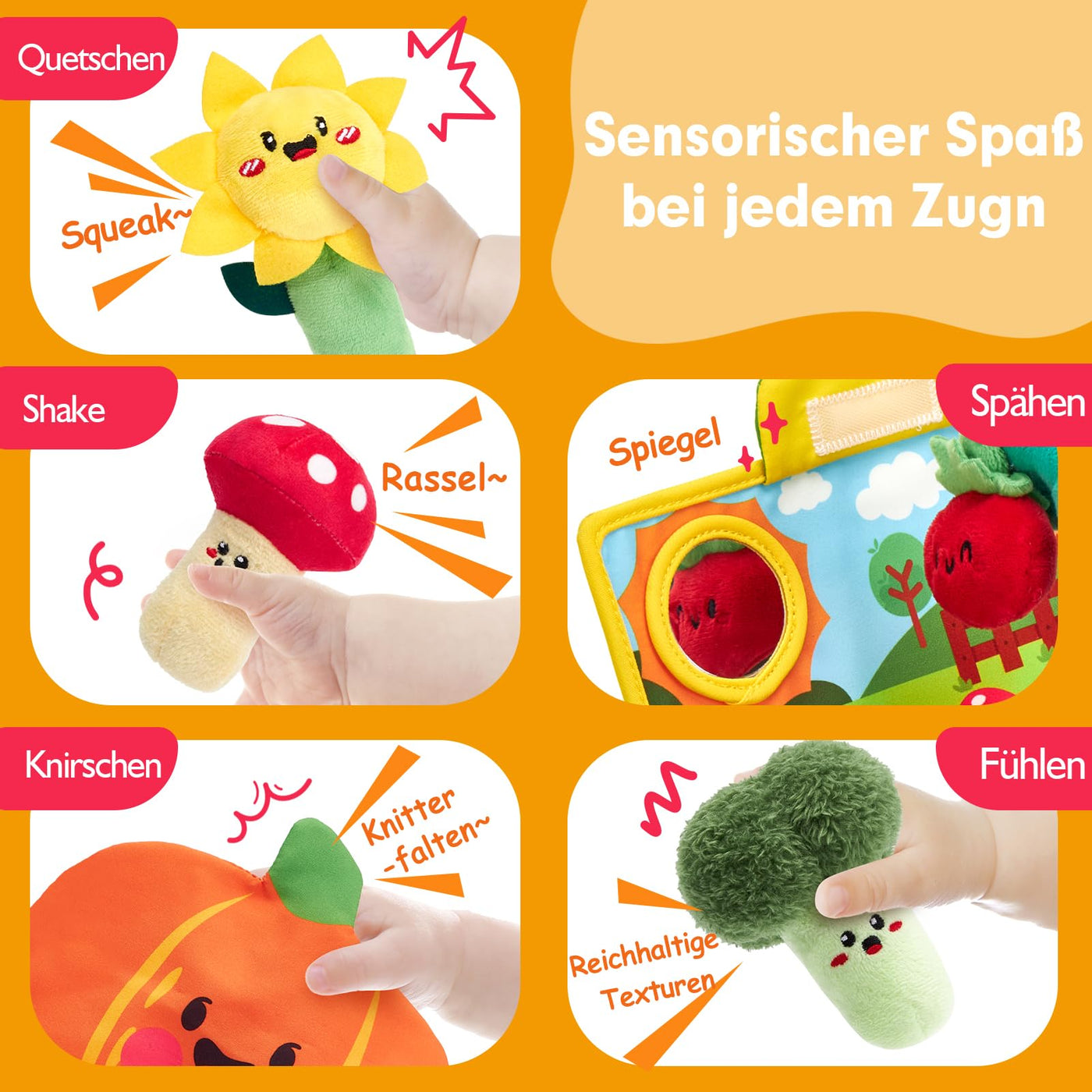 hahaland Montessori Spielzeug Baby - Obst und Gemüse Garten Plüschtier-Set, Motorik Baby Spielzeug 6 Monate mit Rasseln Spiegel Tragbarer Box,Weihnachts Geschenk für Spielzeug ab 6 7 8 9 10 12 Monate