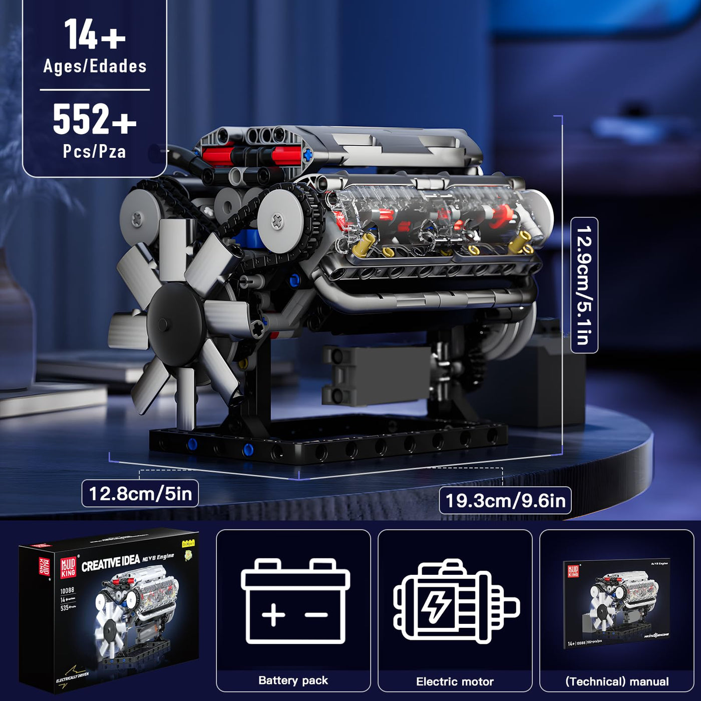 Mould King 10088 Technik V8 Motor Bausatz Bausteine Modell Motor Klemmbausteine Benzinmotor Engine Kit Transparentes Funktionsmodell für Engine Fans (535 Teile)