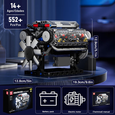 Mould King 10088 Technik V8 Motor Bausatz Bausteine Modell Motor Klemmbausteine Benzinmotor Engine Kit Transparentes Funktionsmodell für Engine Fans (535 Teile)