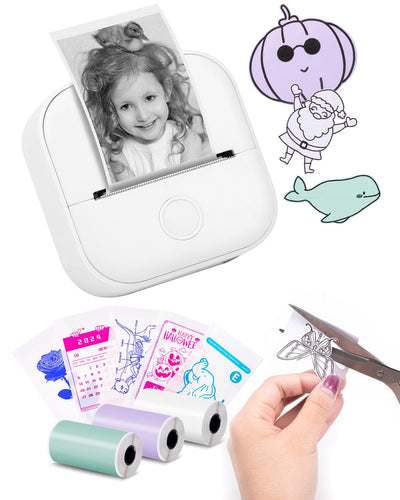 Memoking Tragbarer Mini Aufkleberdrucker - T02 Taschendrucker Bluetooth Fotodrucker, Lerngrafiken für Kinder, Gymnasiasten, Universitätsstudent, Mini Drucker mit 3 Rollen Thermopapier Selbstklebend