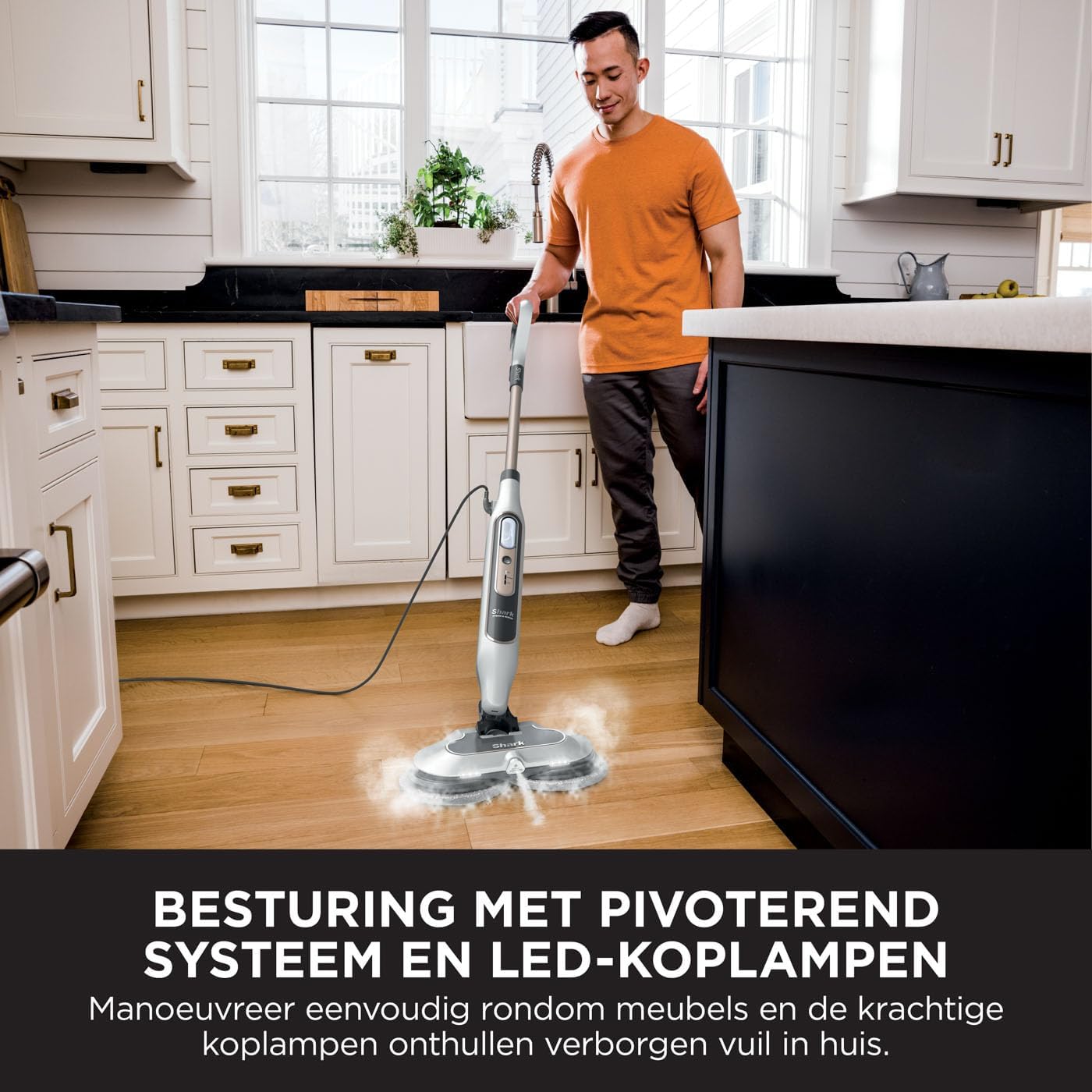 Shark Dampfreiniger, automatischer Dampfbesen mit Steam Blaster, 2 rotierende Power Pads, 3 Dampfstufen, desinfiziert, entfernt Flecken und Schmutz, für versiegelte Hartböden, weiß und grau S8201EU