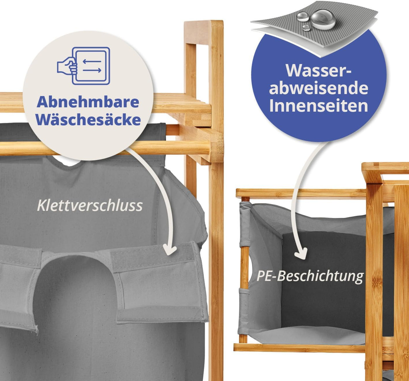 Lumaland Wäschekorb Bambus mit 2 ausziehbaren Wäschesäcken | Pflegeleichtes Material, unempfindlich gegen Nässe und leicht abwischbar | Höhe ca. 73cm x 64cm Breite x 33cm Tiefe [Dunkelgrau]