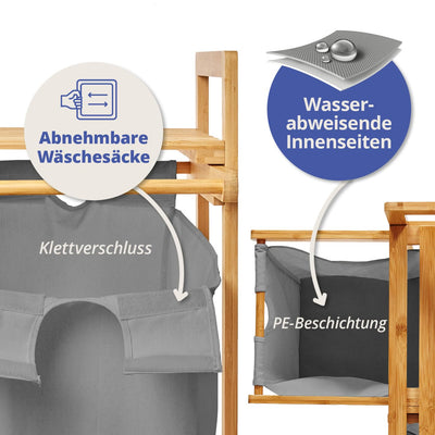 Lumaland Wäschekorb Bambus mit 2 ausziehbaren Wäschesäcken | Pflegeleichtes Material, unempfindlich gegen Nässe und leicht abwischbar | Höhe ca. 73cm x 64cm Breite x 33cm Tiefe [Dunkelgrau]