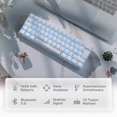 RK ROYAL KLUDGE RK61-DE 60% Bluetooth/kabelgebundene / 2.4Ghz kabellose mechanische Tastatur, 61 Tasten, Hot-Swap-fähige Blaue Schalter Gaming-Tastatur für Win/Mac, Weiß, QWERTZ Deutsches Layout