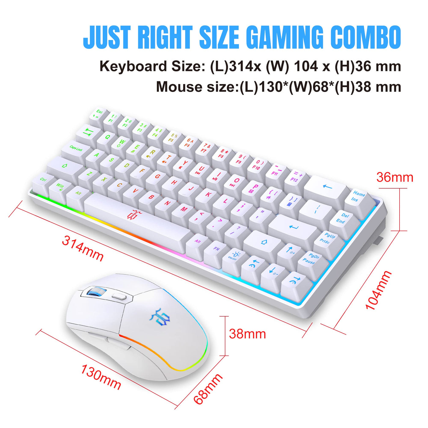 Snpurdiri 60% Tastatur Maus Set Kabellos, LED-Beleuchtung, wiederaufladbare 2000mAh Batterie Small Mini 60 Prozent Wireless Gaming Combo, Ergonomisches Design 6D 3200DPI Maus (Weiß)