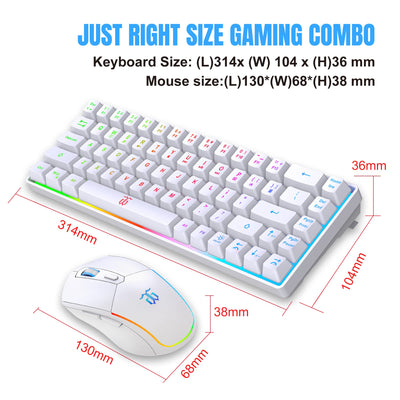 Snpurdiri 60% Tastatur Maus Set Kabellos, LED-Beleuchtung, wiederaufladbare 2000mAh Batterie Small Mini 60 Prozent Wireless Gaming Combo, Ergonomisches Design 6D 3200DPI Maus (Weiß)