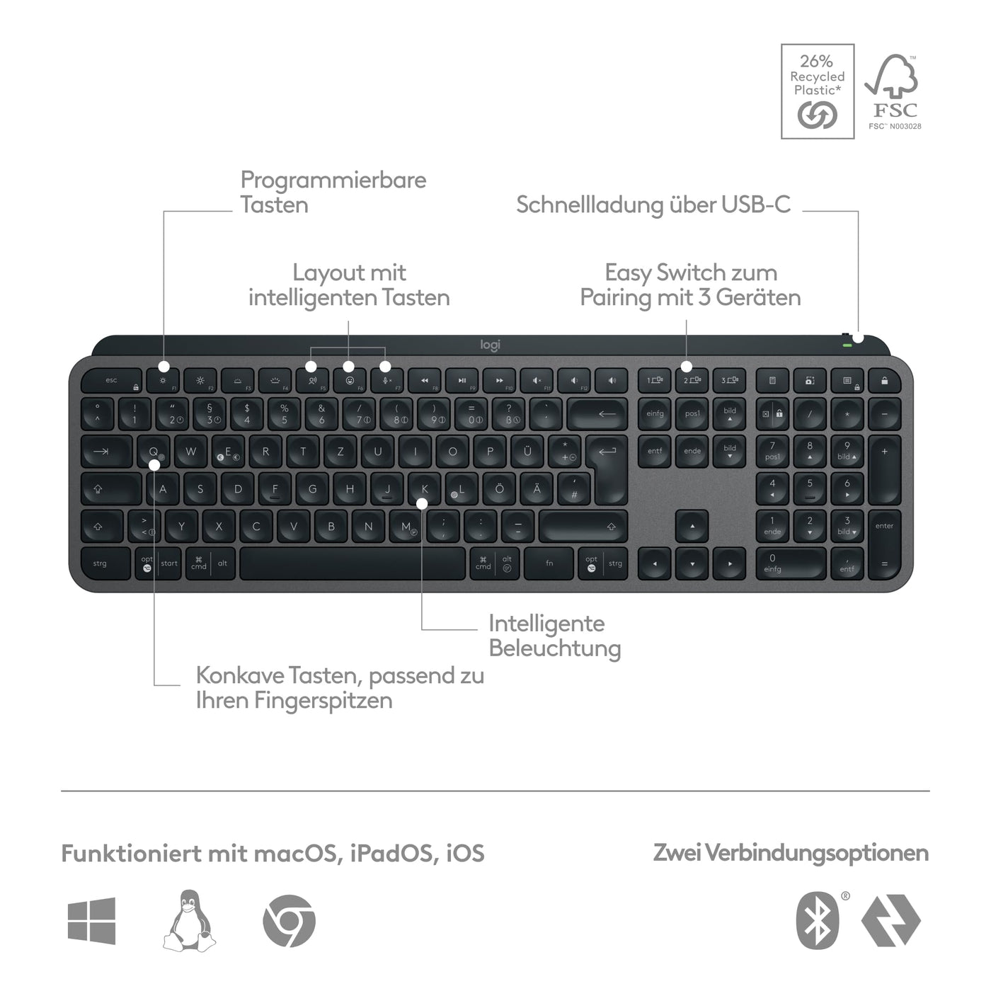 Logitech MX Keys S kabellose Tastatur, Low Profile, Precise Quiet Typing, Programmable , Backlighting, Bluetooth, Rechargeable, für Windows PC/Linux/Chrome/Mac - Graphit, Deutsches QWERTZ-Layout
