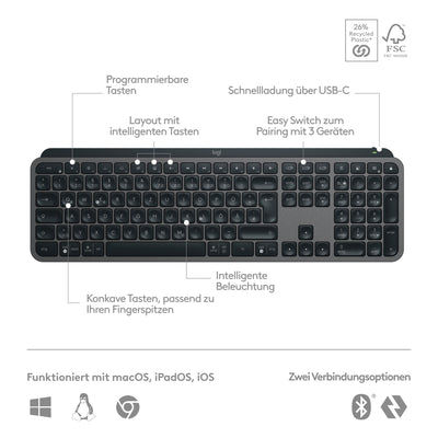 Logitech MX Keys S kabellose Tastatur, Low Profile, Precise Quiet Typing, Programmable , Backlighting, Bluetooth, Rechargeable, für Windows PC/Linux/Chrome/Mac - Graphit, Deutsches QWERTZ-Layout