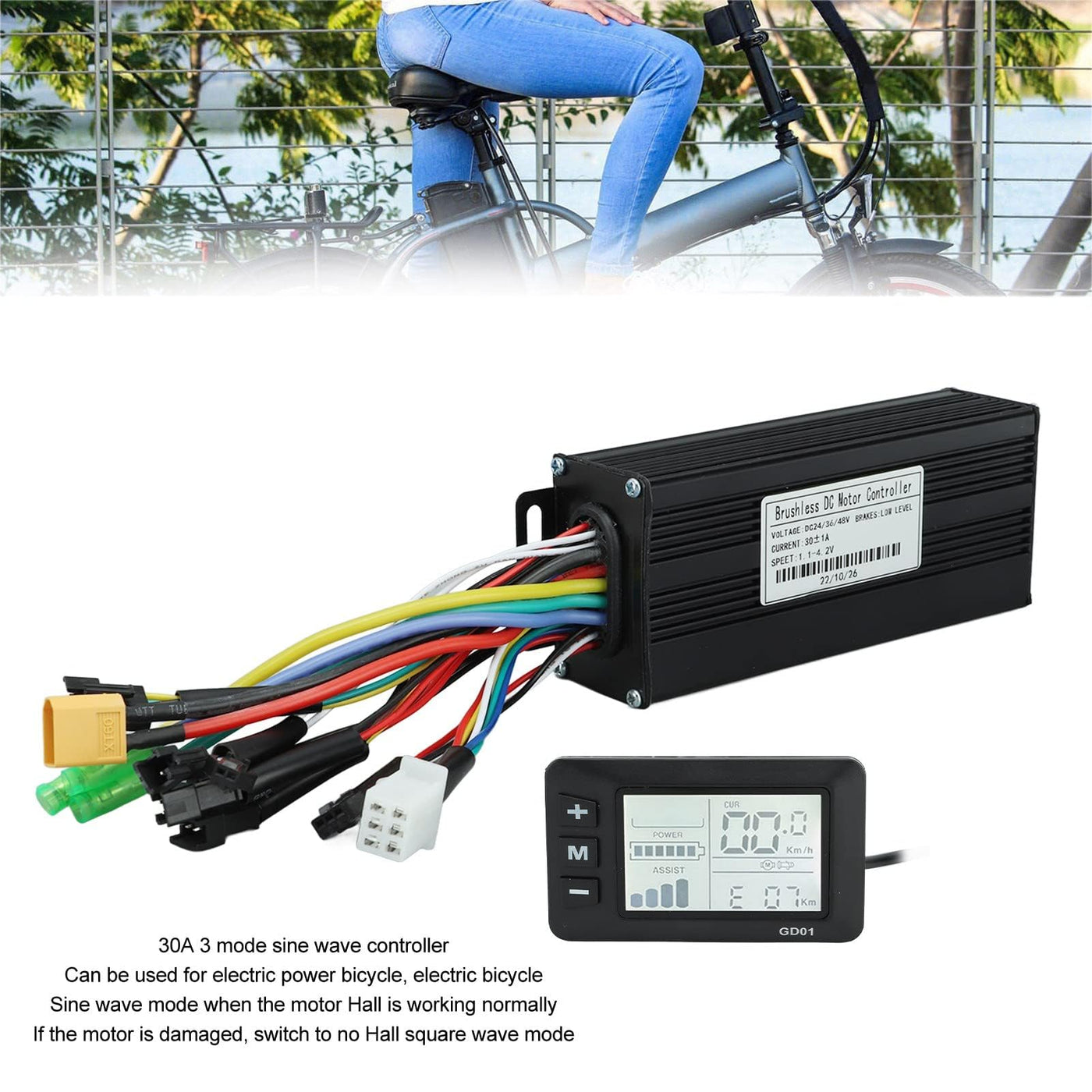 HERCHR Elektromotor Brushless Controller, DC 24V 36V 48V Motorgeschwindigkeit Controller 1000W-1500W E-Bike 30A 3-Modus Sinuswellen Umrüstsatz Mit LCD Display Für 22,2mm Lenker Elektrofahrrad Roller