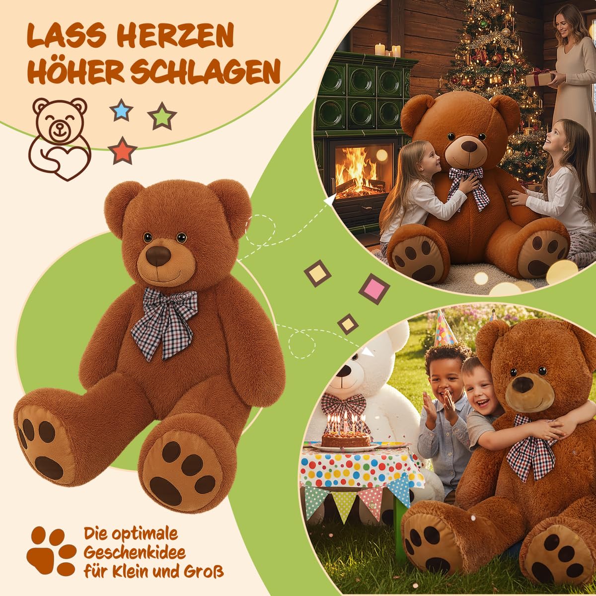 monzana® Teddybär L - XXXL 50-175cm Weiches Fell Schleife Tatzendruck Geschenk Plüschtier Kuscheltier Stofftier Riesen Teddy Bär