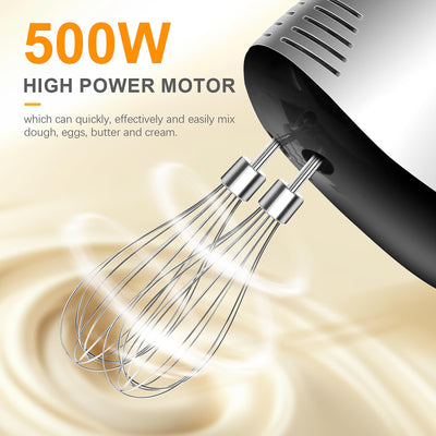 Stabmixer NWOUIIAY Handmixer Elektrischer 500W 5 Geschwindigkeitsstufen 6-in-1 Set mit Schneebesen Knethaken Teigrührer Handrührgerät mit Ein-Knopf-Auswurf für Backen Desser