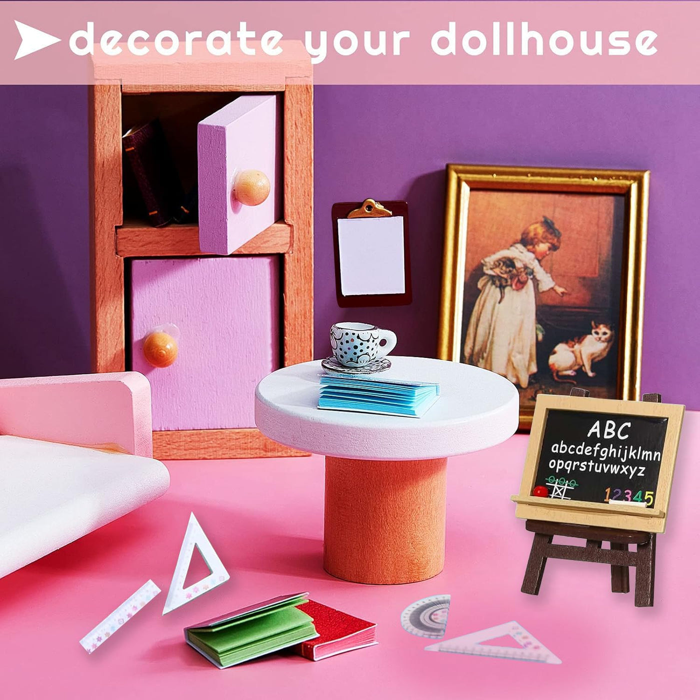 Miniatur Wichtel Zubehör,24Stück 1:12 Weihnachten Mini Puppenhaus Zubehör 1/12 Miniaturpuppe Schulbedarf Wichtelzubehör Deko Buch Klemmbrett Buntstift Set,für Dollhouse DIY Weihnachts Geschenk