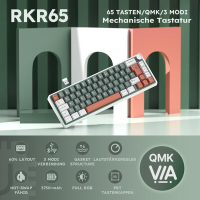 RK ROYAL KLUDGE R65 Gaming Tastatur 60 Prozent mit Knopf, Gasket Mechanische Tastatur Kabellos Bluetooth/2.4G/USB-C RGB PBT Tastenkappen QWERTZ QMK/VIA, Hot Swap Linearer Creamy Switches