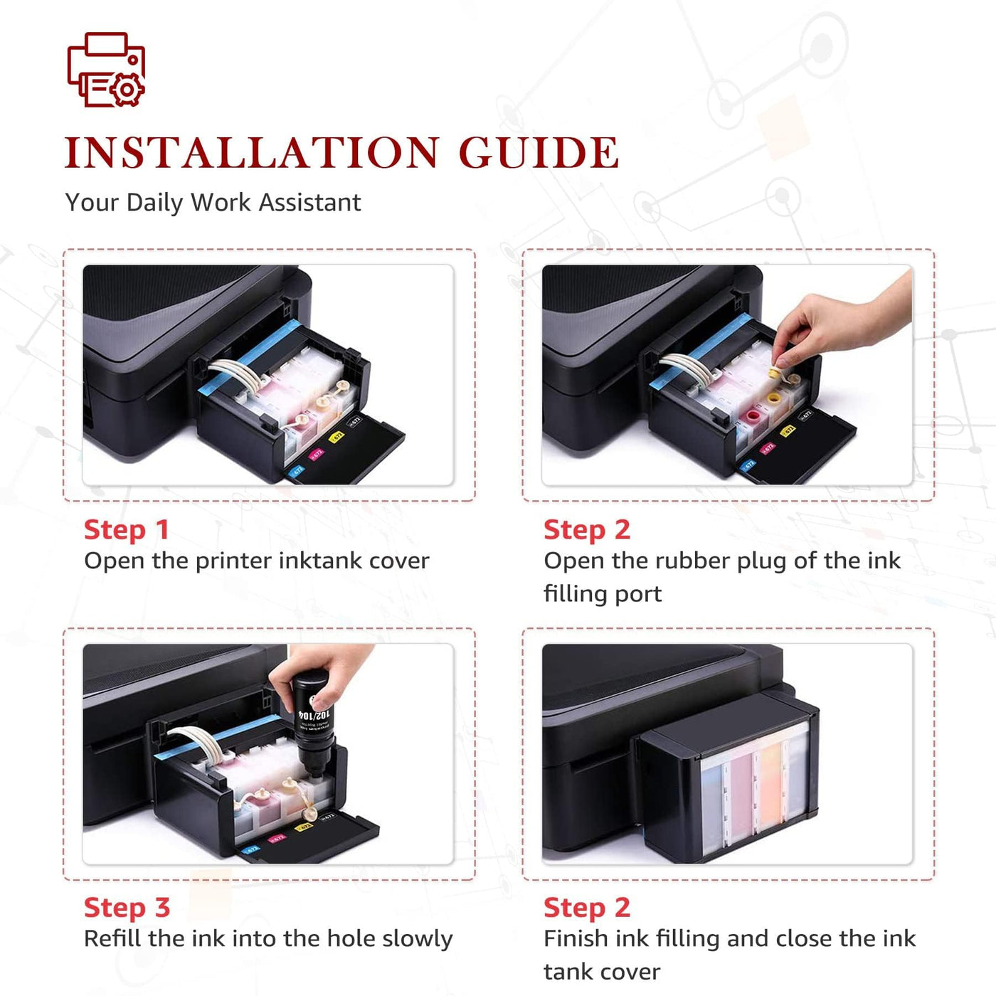 Toner Kingdom 102 Tinte Multipack 104 Tinte Kompatibel für Epson 104 Ecotank 4-Colour Multipack für Epson ET-2720 ET-2710 ET-2715 ET-2820 für Epson 102 EcoTank ET-2750 ET-2850 ET-4750 ET-2856 ET-4850