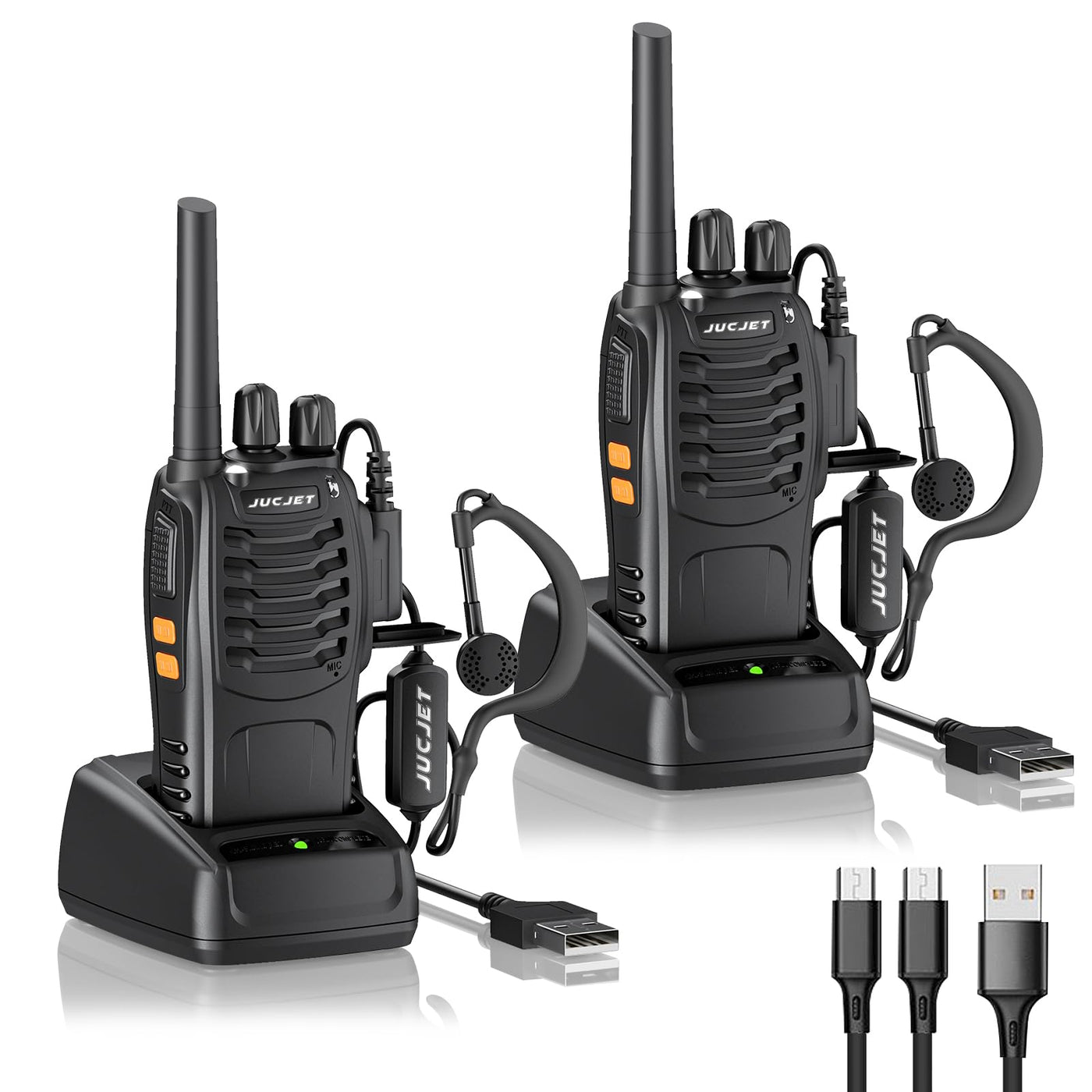 JUCJET 88E Walkie Talkie, Lizenzfrei PMR446 16 Kanäle Funkgeräte, Handfunkgerät Eingebauter LED Taschenlampe. 2-in-1 Type-C Charging Cable mit USB-Ladestation und Headset (Schwarz, 2 Stück)