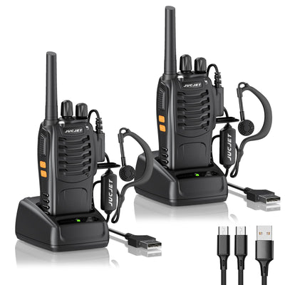 JUCJET 88E Walkie Talkie, Lizenzfrei PMR446 16 Kanäle Funkgeräte, Handfunkgerät Eingebauter LED Taschenlampe. 2-in-1 Type-C Charging Cable mit USB-Ladestation und Headset (Schwarz, 2 Stück)
