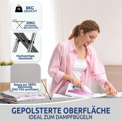 STAHLMANN ® Bügelbrett aus Aluminium [120x42 Bügelfläche] inkl. Ärmelbügelbrett – Bügeltisch – extra stabiles Bügelbrett [Made IN EU] – Bügelbrettbezug [100% Baumwolle]