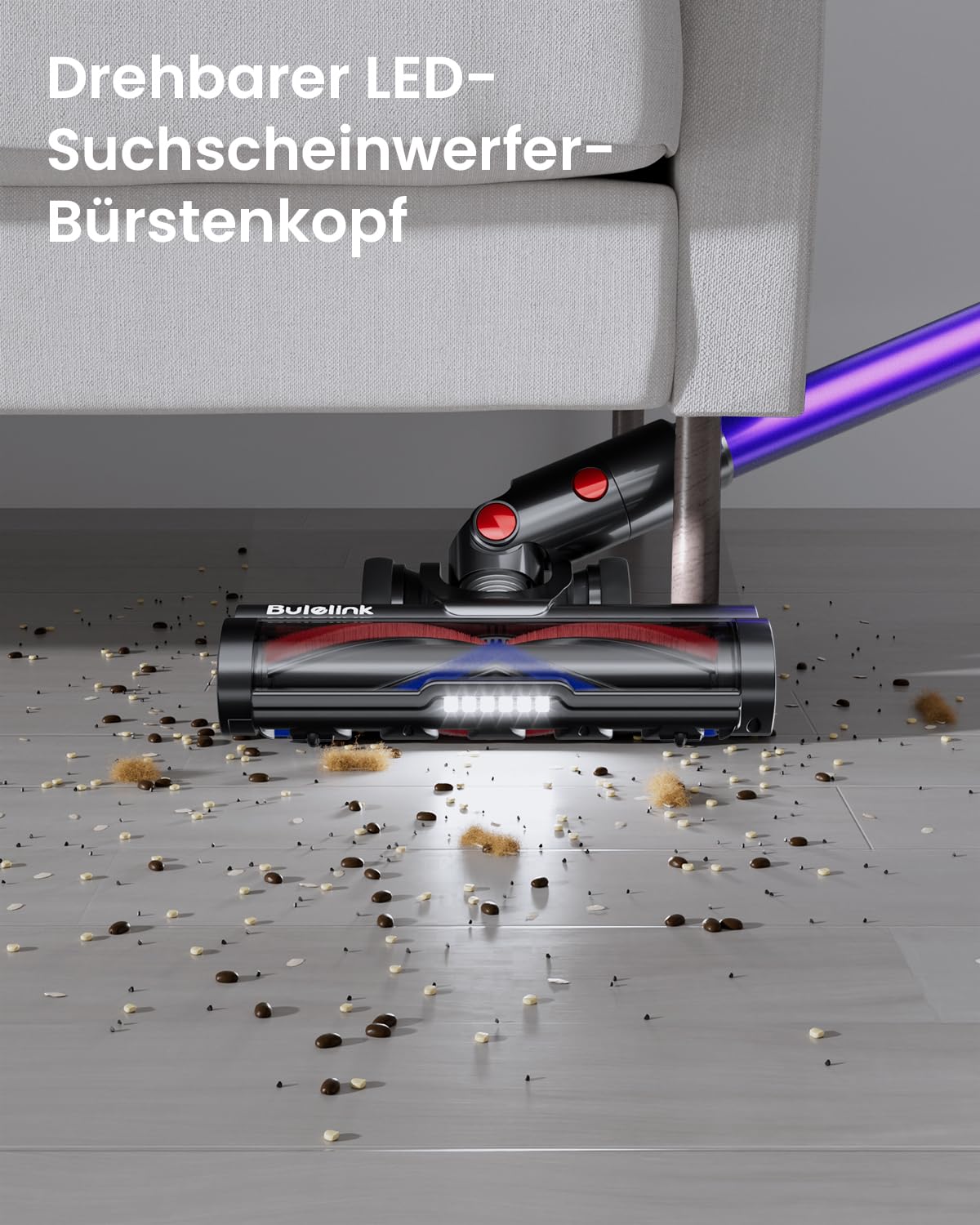 Bulelink Akku Staubsauger 45KPA/550W/70Mins, Staubsauger Kabellos mit OLED Smart Screen und Kombination von Weichen und Harten Borsten Bodenbürste, Wandmontage Wiederaufladbare 1.8L Akkustaubsauger
