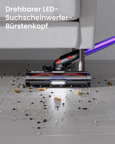 Bulelink Akku Staubsauger 45KPA/550W/70Mins, Staubsauger Kabellos mit OLED Smart Screen und Kombination von Weichen und Harten Borsten Bodenbürste, Wandmontage Wiederaufladbare 1.8L Akkustaubsauger