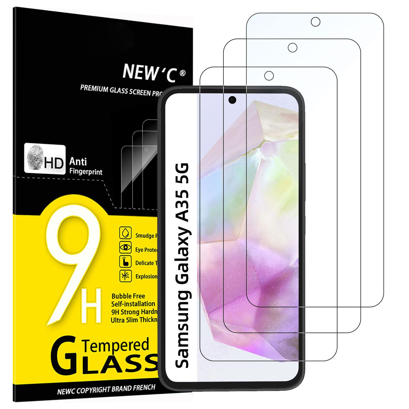 NEW'C 3 Stück, Panzer Schutz Glas für Samsung Galaxy A35 5G (6,6 Zoll), Frei von Kratzern, 9H Härte, HD Displayschutzfolie, 0.33mm Ultra-klar, Ultrabeständig